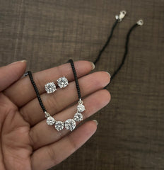 Five cz stone 18'' long mangalsutra with matching 7mm cz studs in pure silver