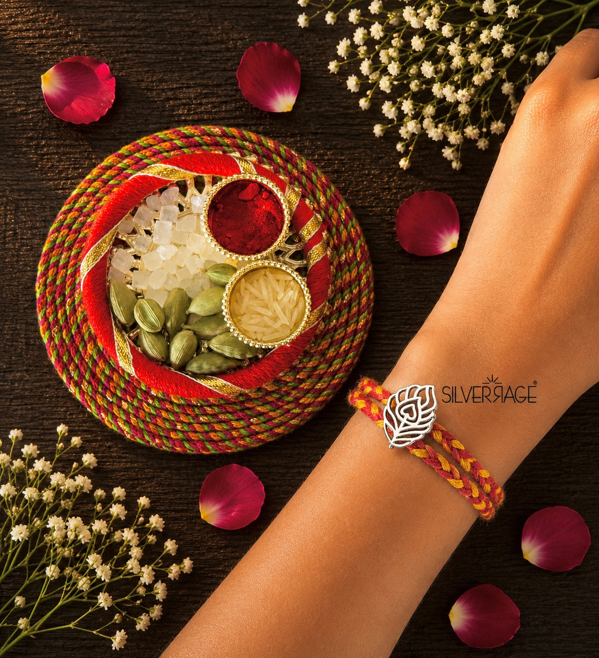Silver Morpankh motif rakhi