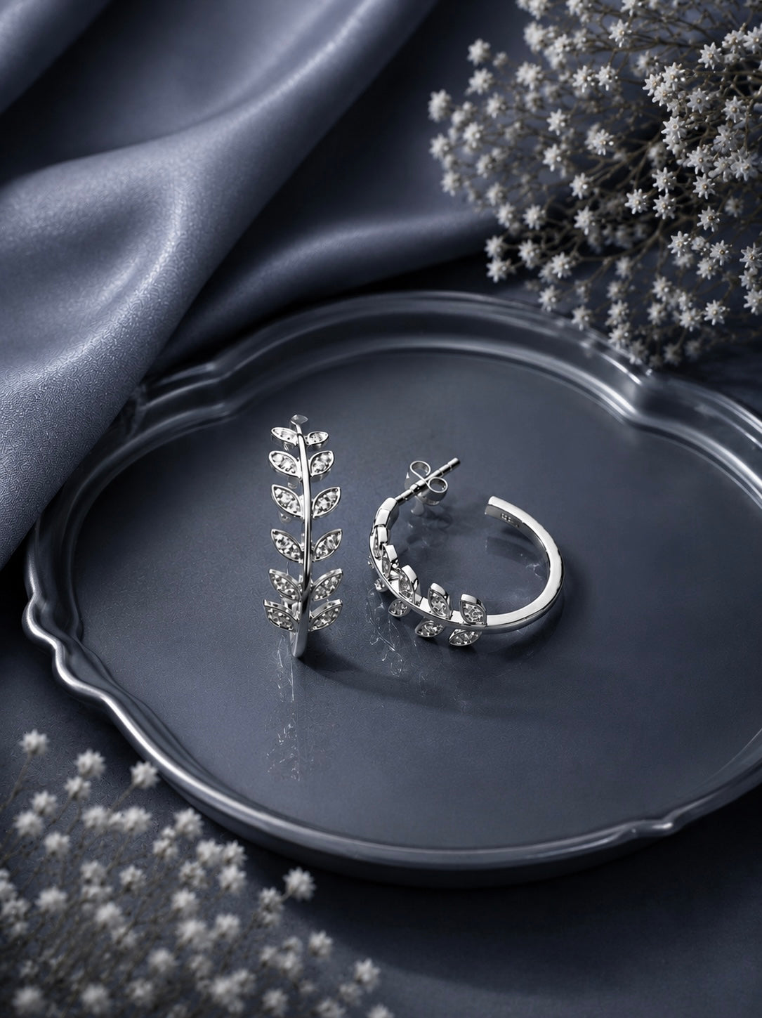 1.8 cm diameter multi cz stone leaf pattern stud style balis in pure silver