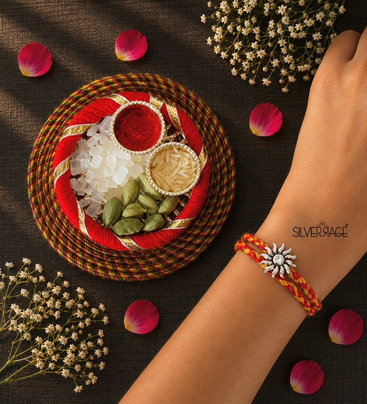 Silver Surya with stone motif rakhi