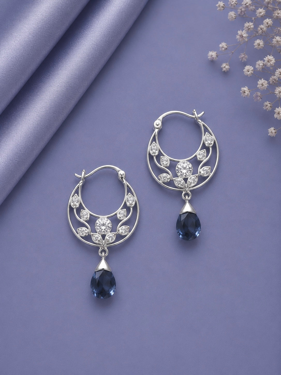Floral cut work cz stone balis with blue cz stone drops in pure silver