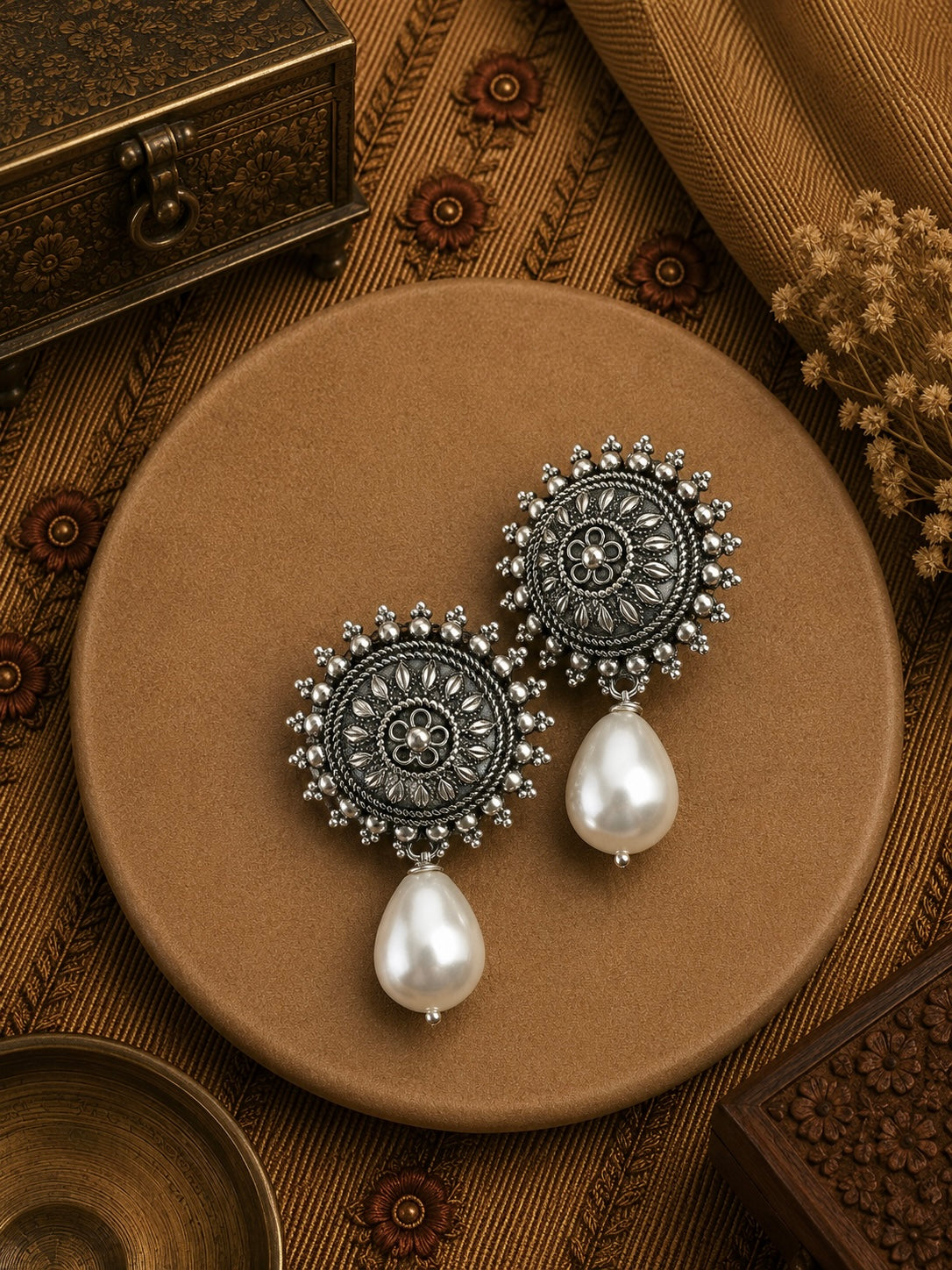 2.8 cm diameter royal studs with fresh water pearl drops in pure silver
