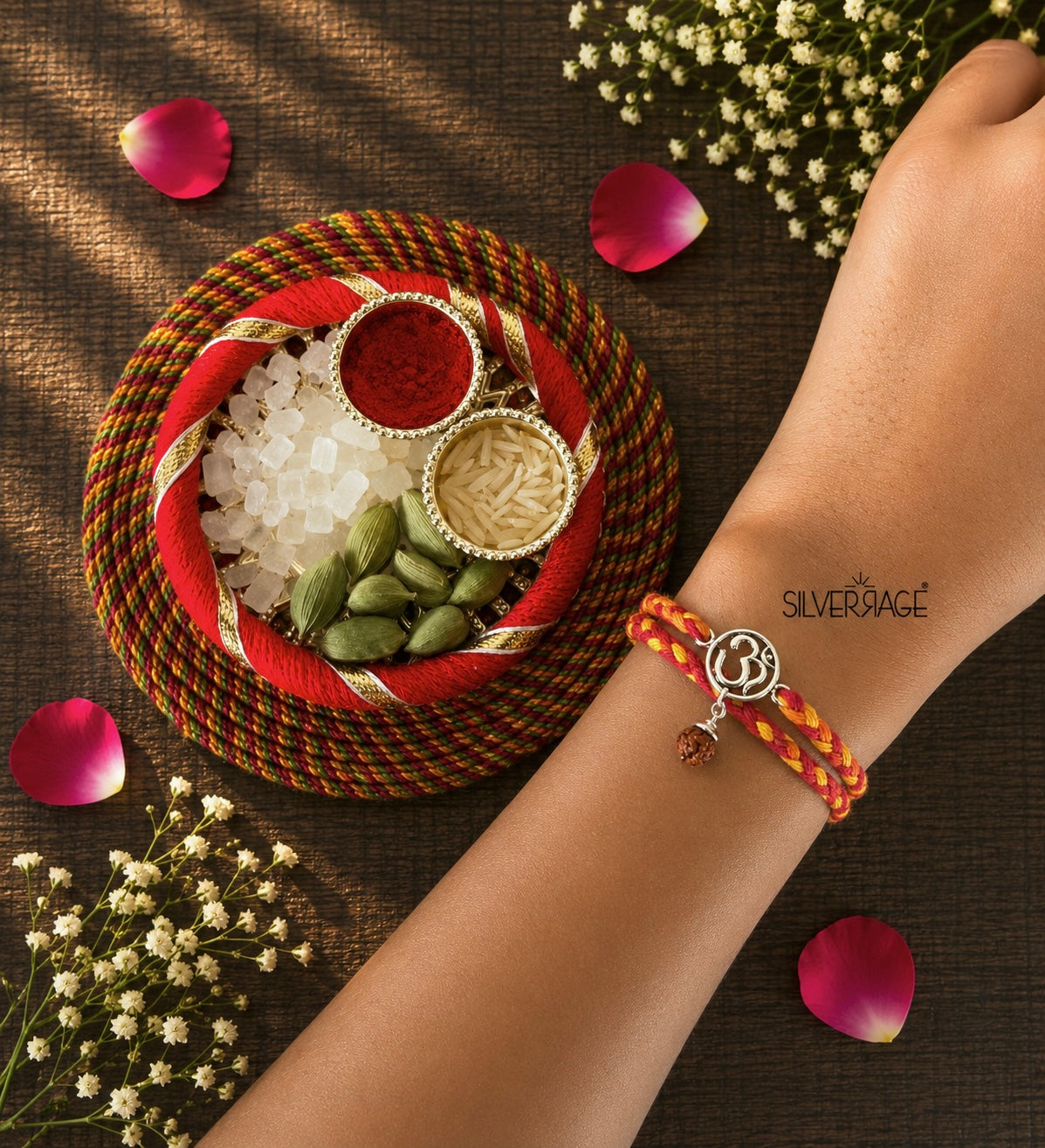 Silver Round om with hanging rudraksh rakhi