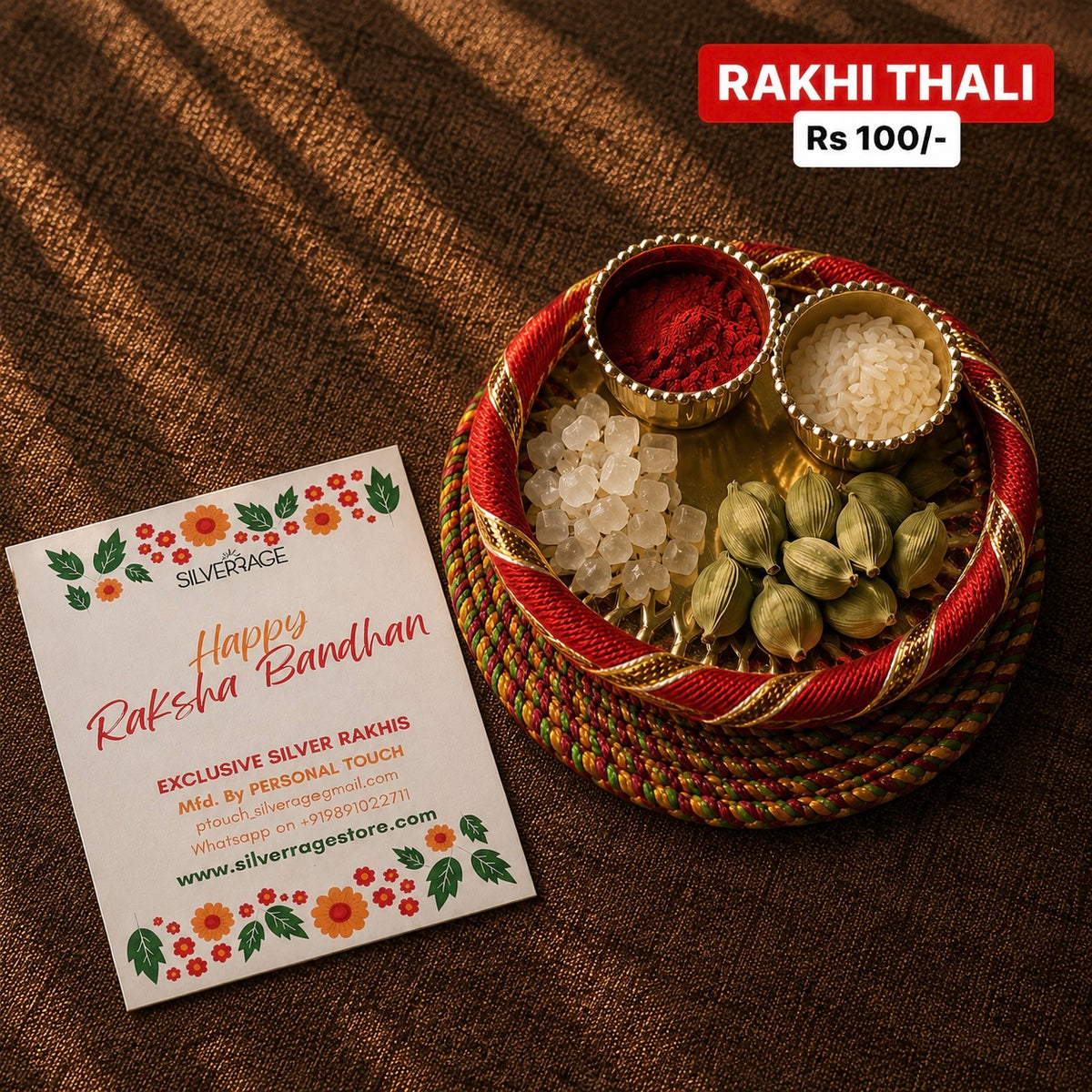 Rakhi Thali - with roli, chawal, mishri and elaichi