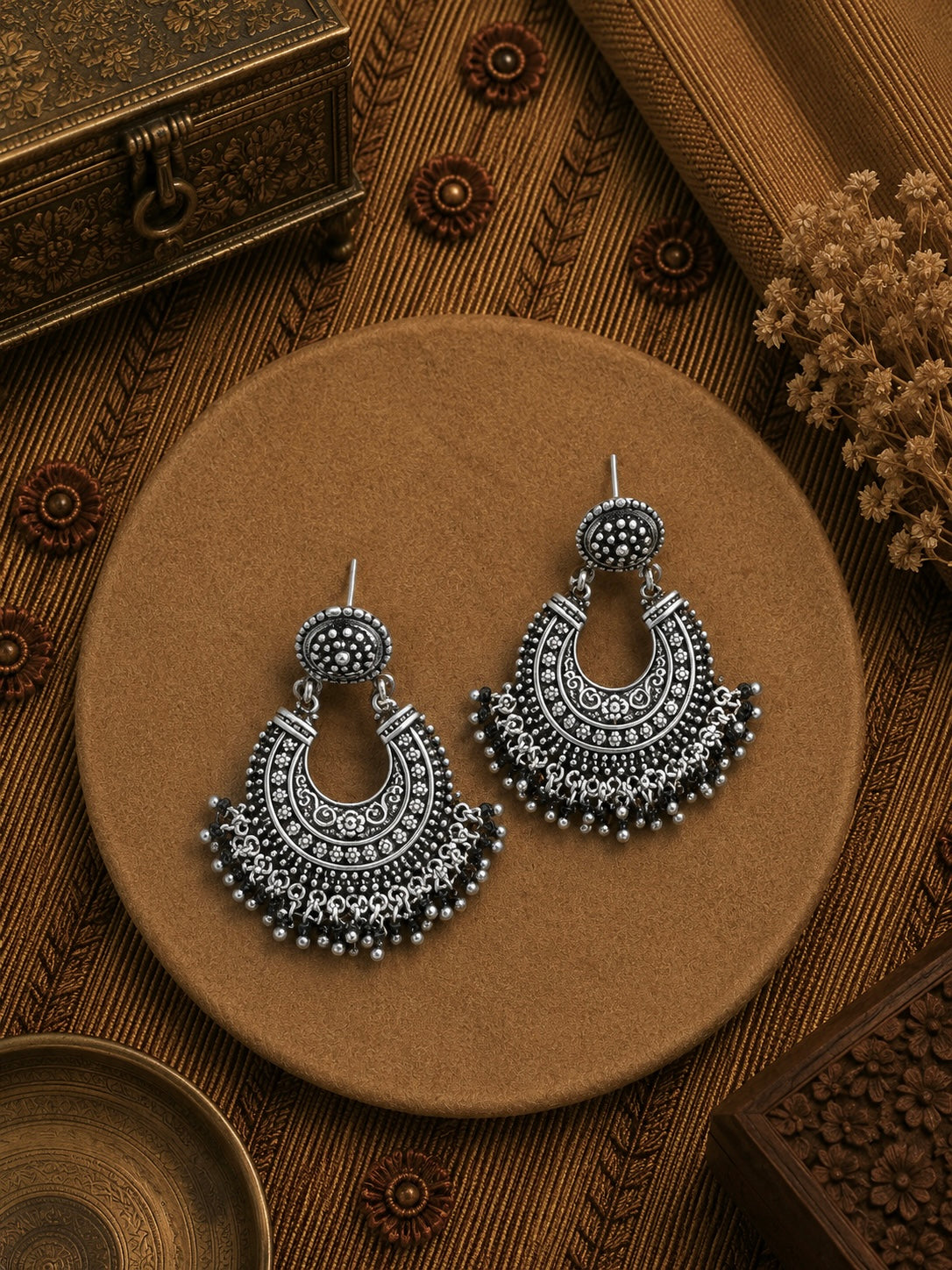 Chandbali style filigree work black cut onyx beads earrings in pure silver