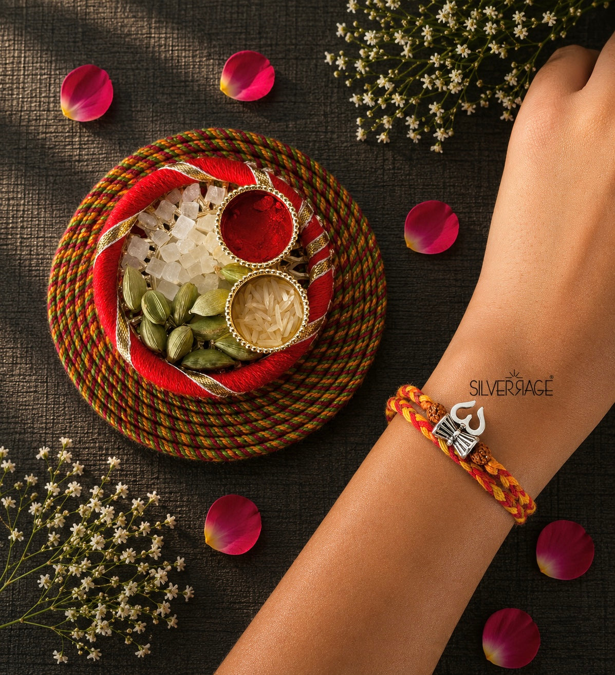 Silver Damru-Trishul motif with Rudraksh beads rakhi