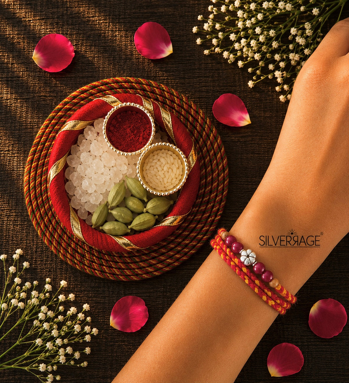 Silver Flower bead with maroon beads rakhi