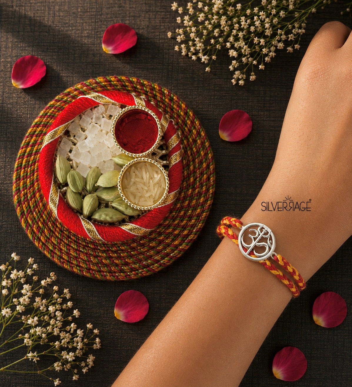 Silver Om-Trishul motif rakhi