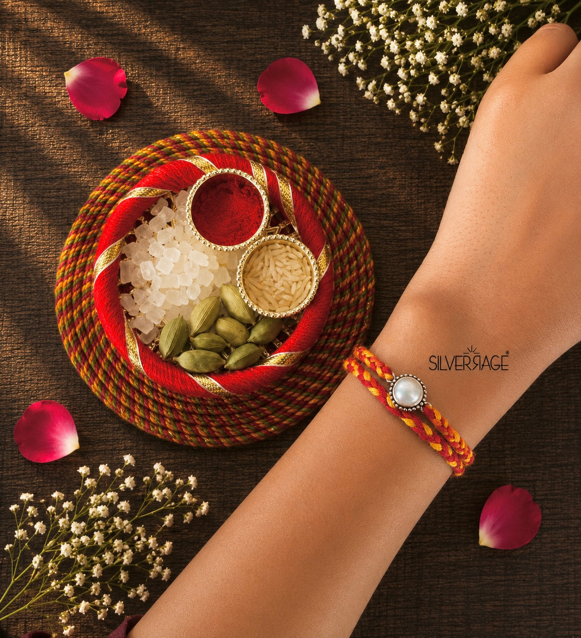 Silver Pearl rava border rakhi