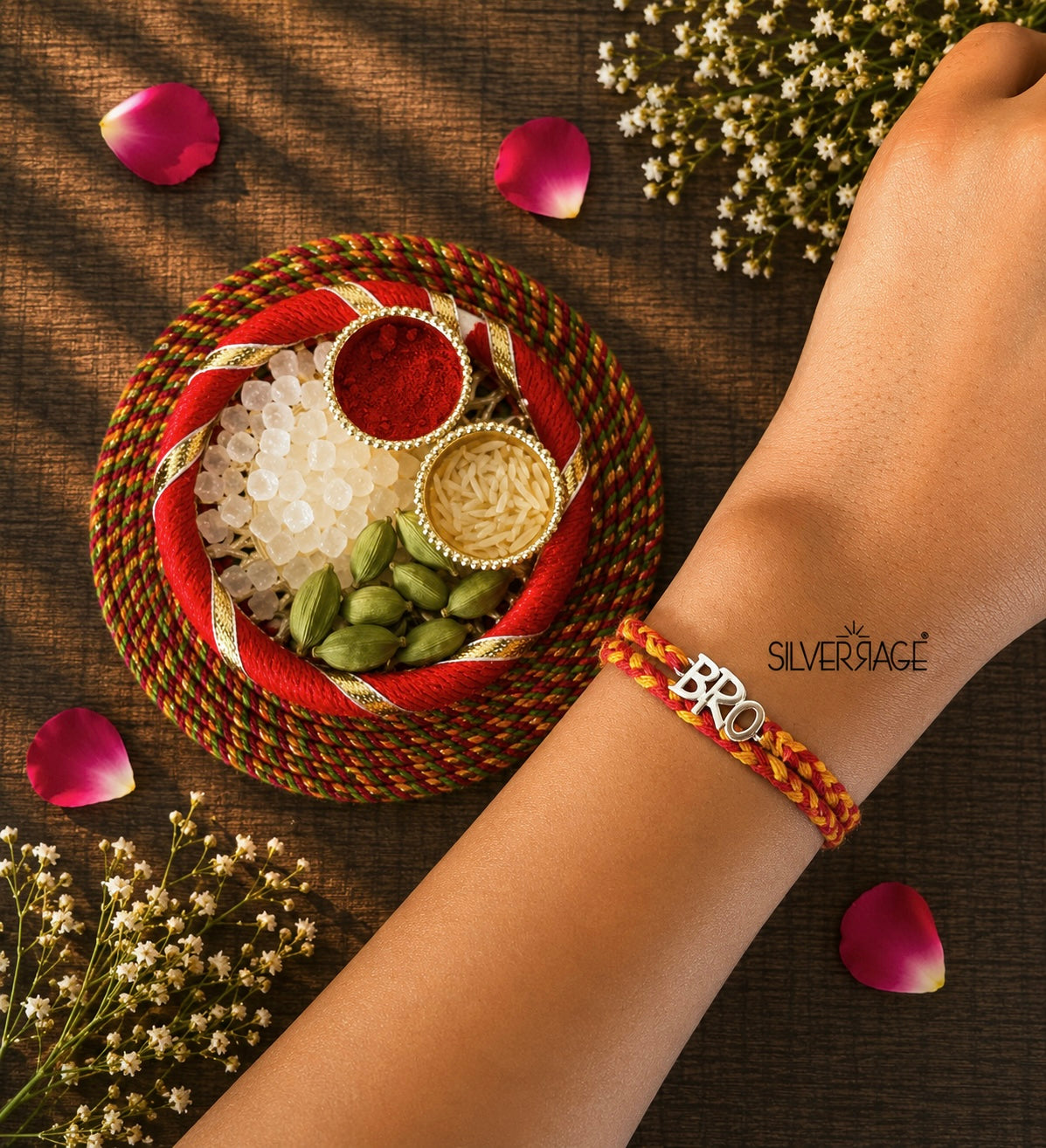 Silver BRO motif rakhi