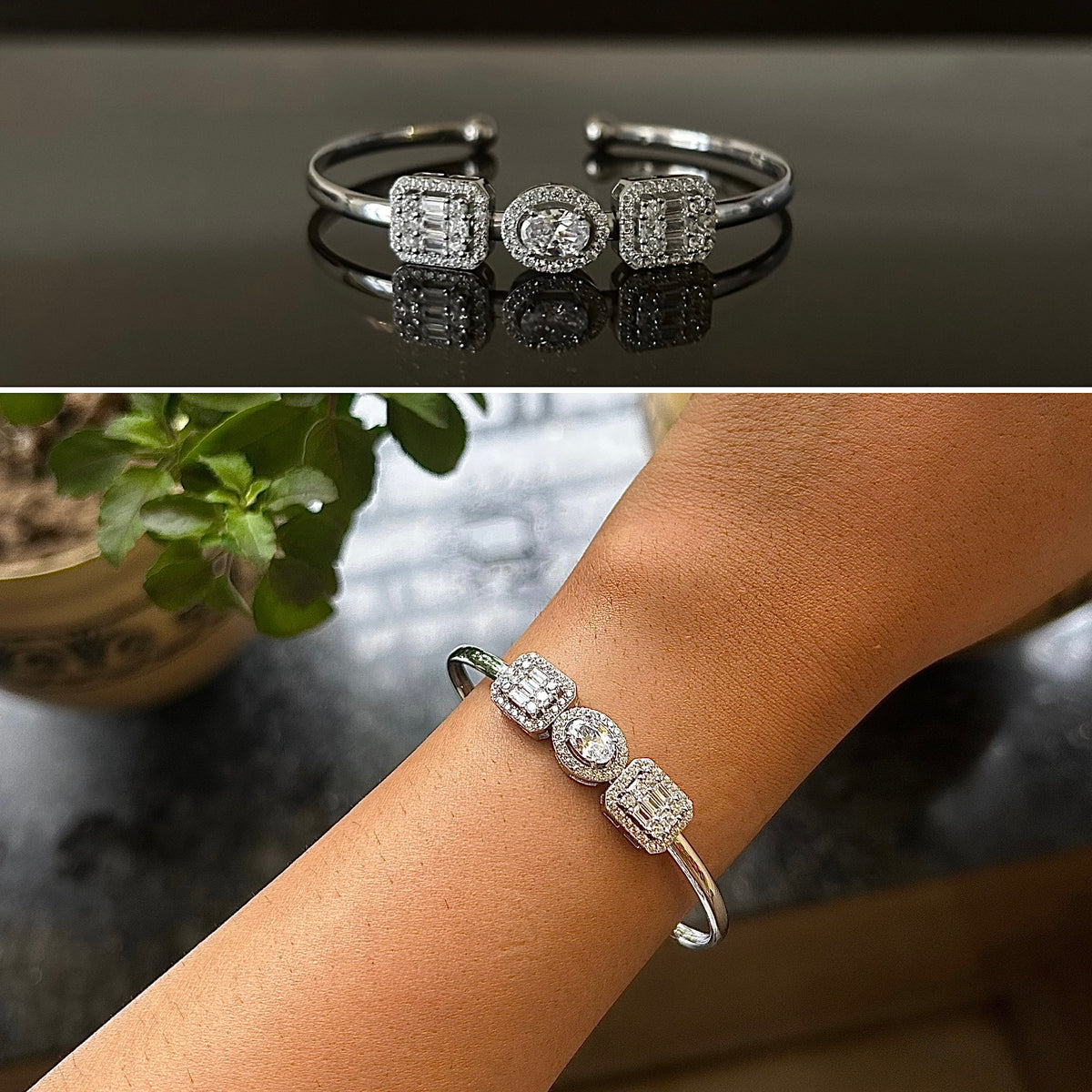 Halo rectangle and oval multi cz open ended kada in pure silver