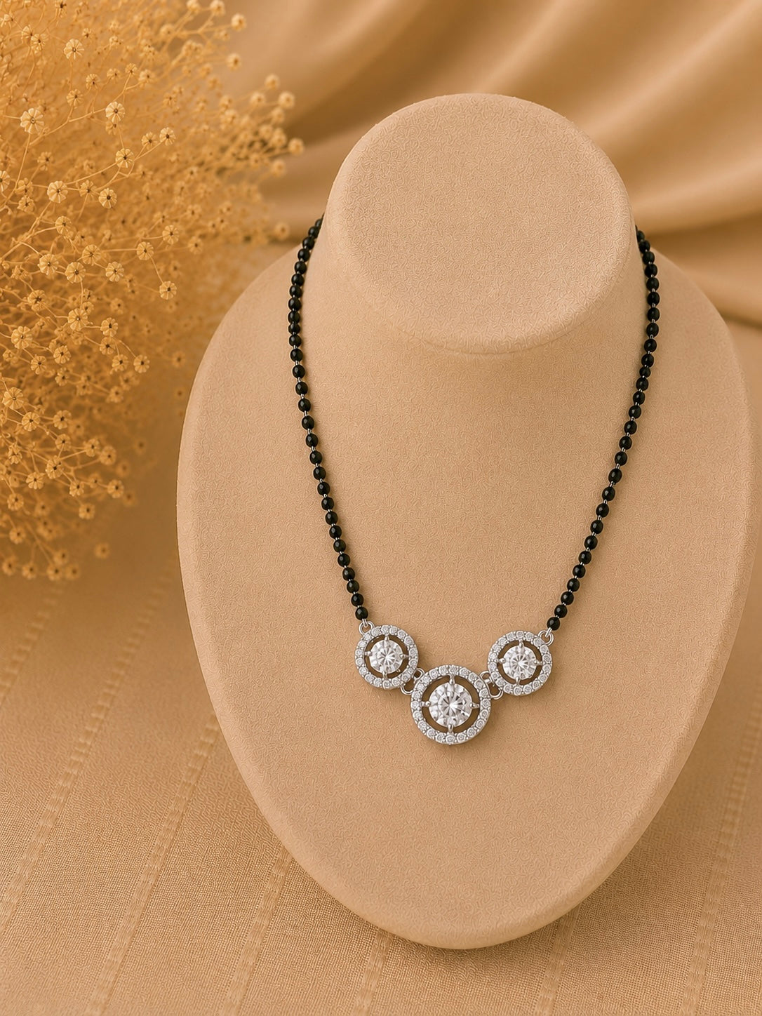 Three circle multi cz stone 18'' long mangalsutra in pure silver