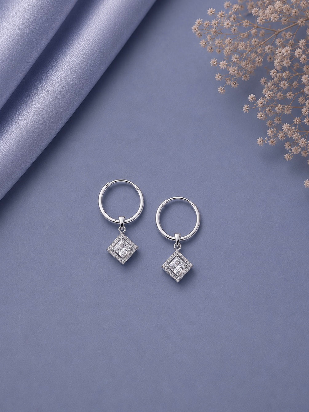 Sparkling 2cm balis with 9mm multi cz square halo drops in pure silver