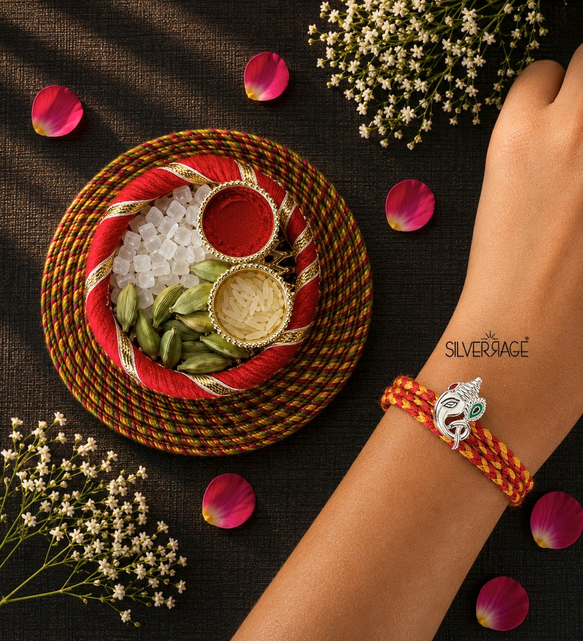 Silver Meenakari Face Ganesha motif rakhi