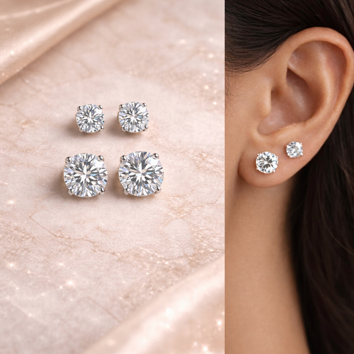 Combo 6mm and 7mm four prong cz studs in pure silver