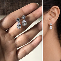 Delicate two cz stone 1.4 cm long tear drop studs in pure silver