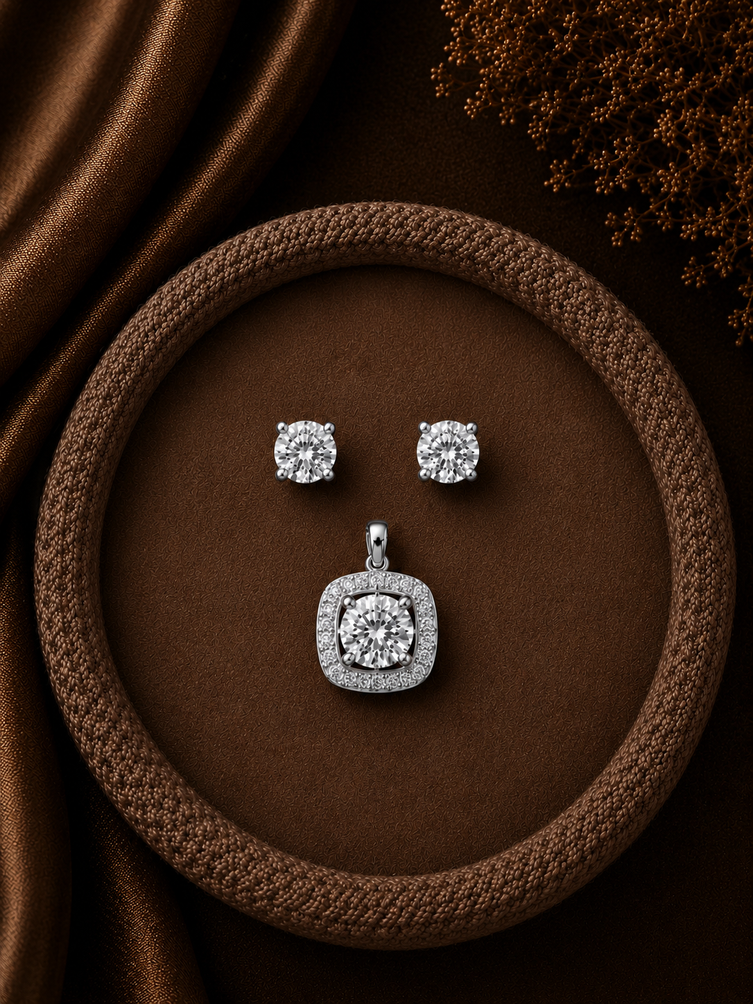 7mm cz four prong studs with a multi cz halo cushion pendant set in pure silver