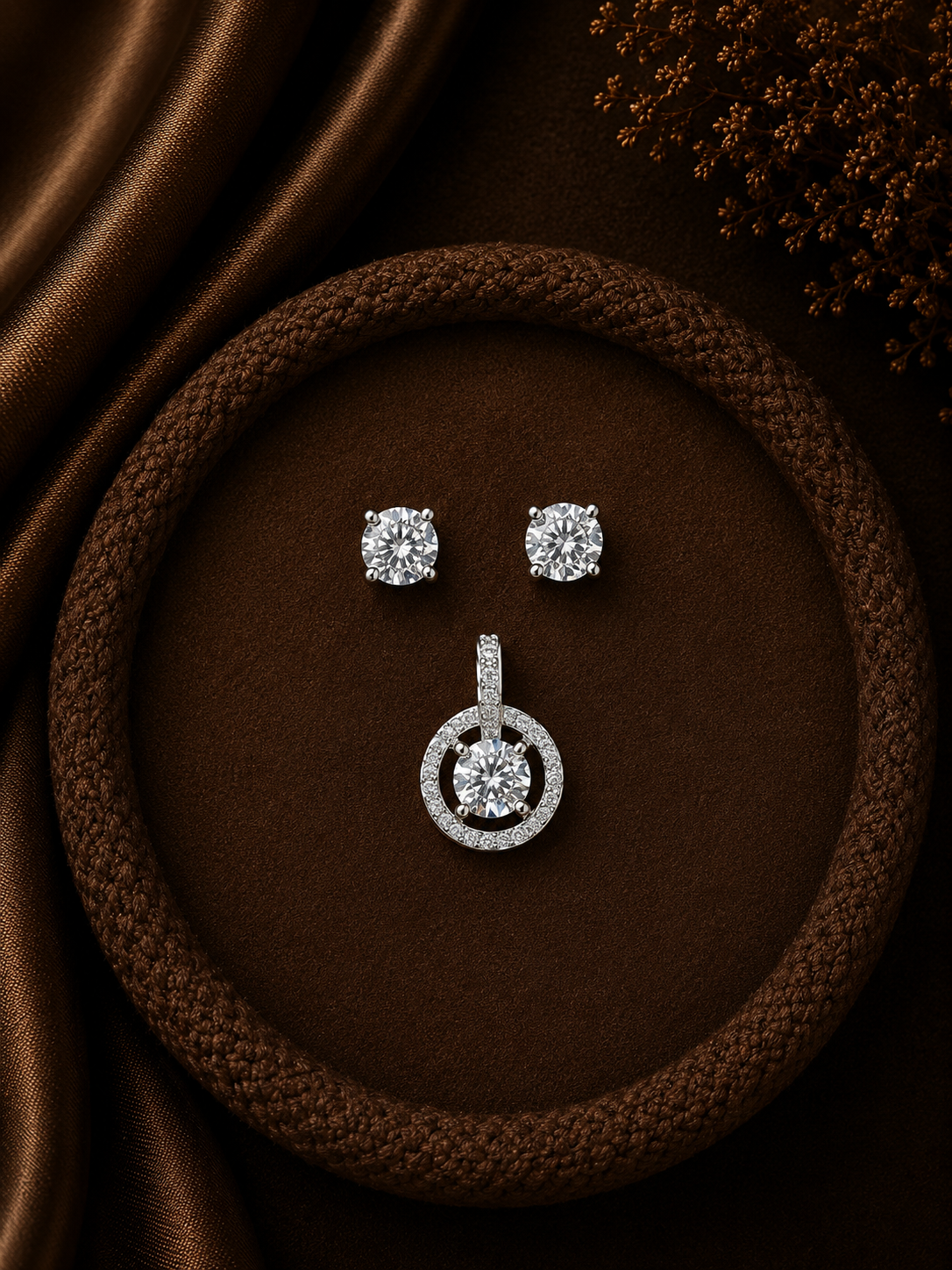 6mm cz four prong grain studs with a multi cz halo shape solitaire pendant set in pure silver