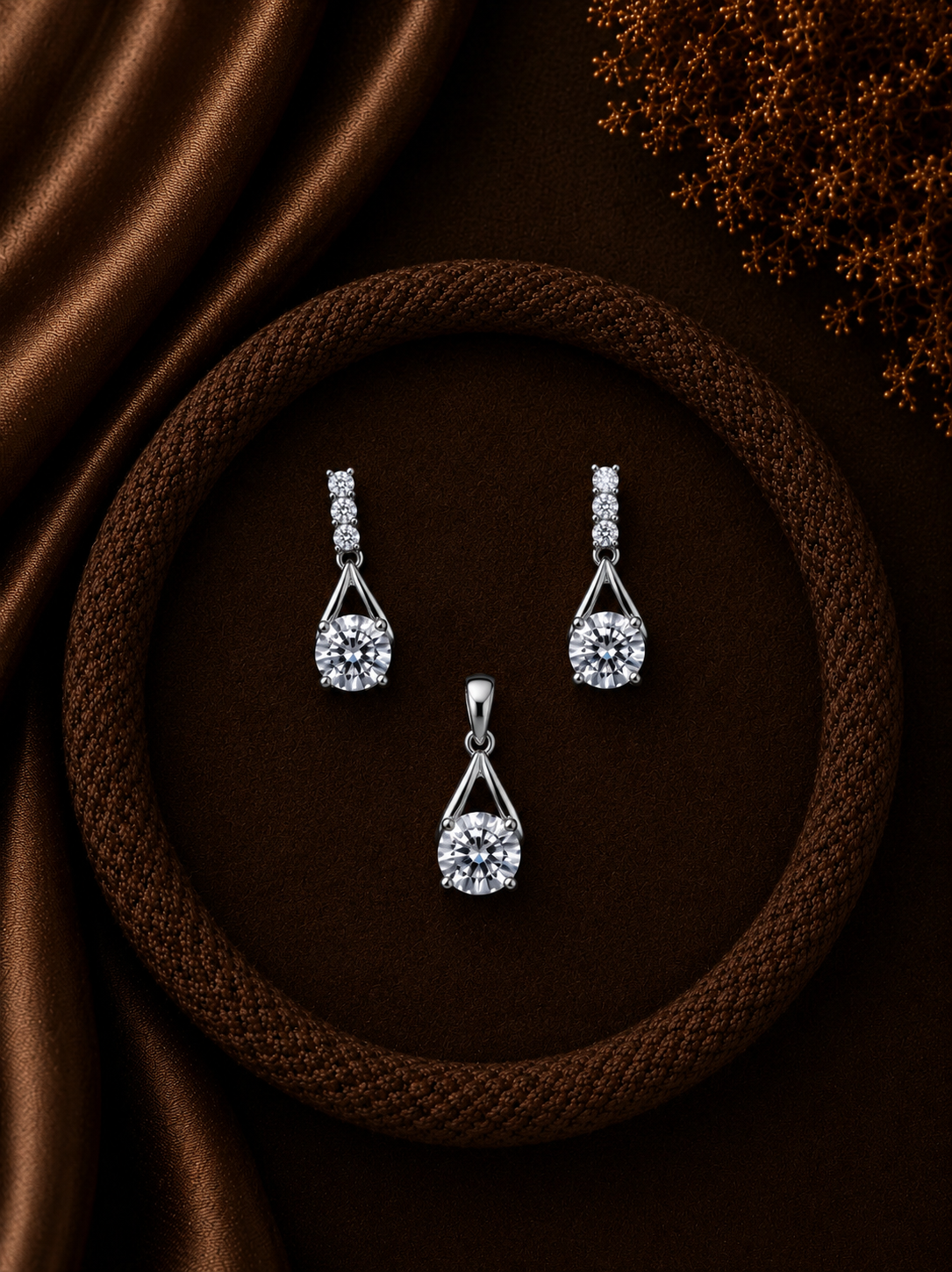 Four cz stone studs along with a matching 8mm cz pendant set in pure silver