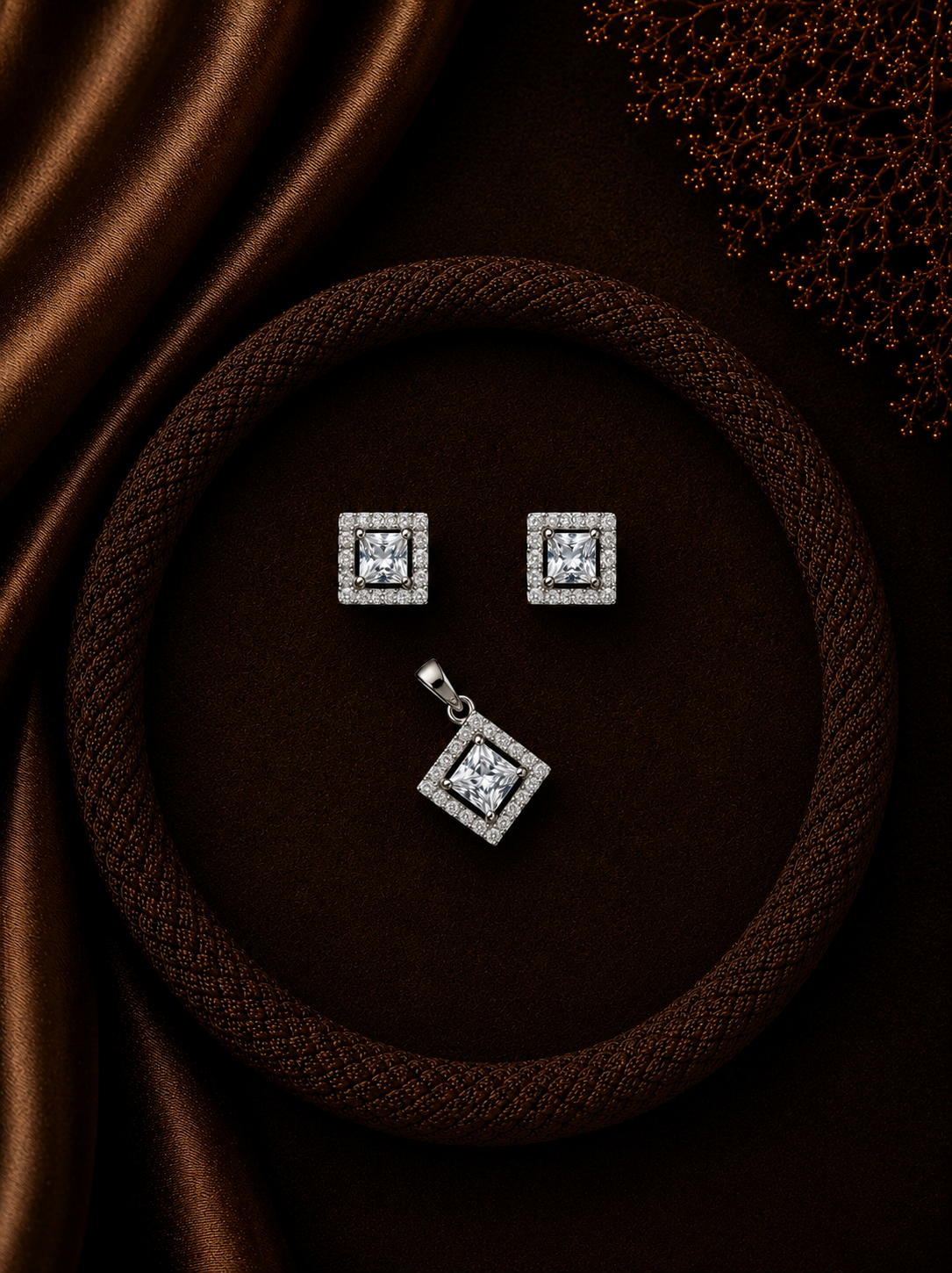 9mm multi cz square pattern pendant and matching studs in pure silver