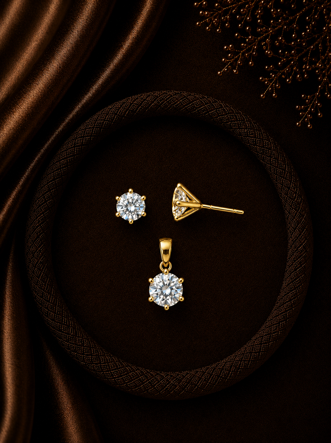 7mm six prong single cz stone studs (solitaire setting) with a matching 8mm cz pendant made in Pure Silver with 22 kt. gold plating