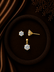 7mm six prong single cz stone studs (solitaire setting) with a matching 8mm cz pendant made in Pure Silver with 22 kt. gold plating
