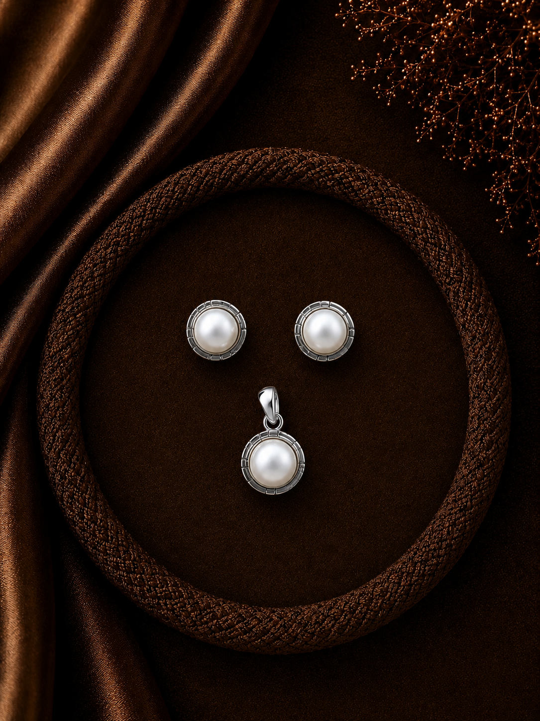1.1cm pearl pendant along with matching 9mm studs in pure silver