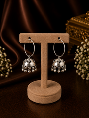 Antique rava work simple  jhumkas with a 3 cm thin plain bali in pure silver