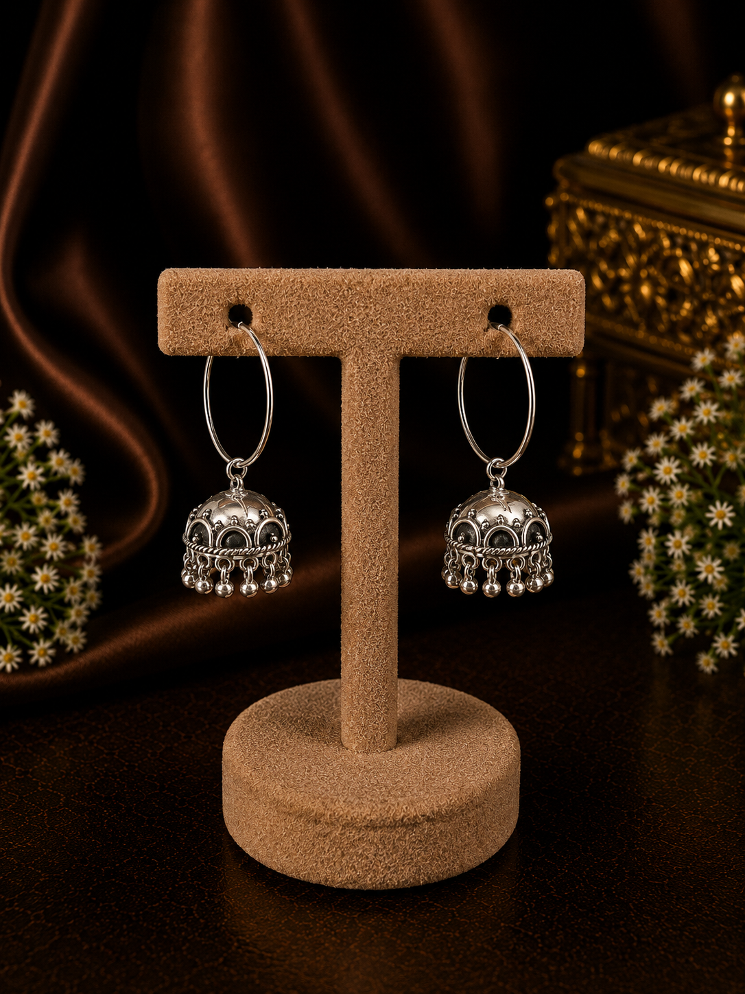Antique rava work bold jhumkas with a 3 cm thin plain bali in pure silver