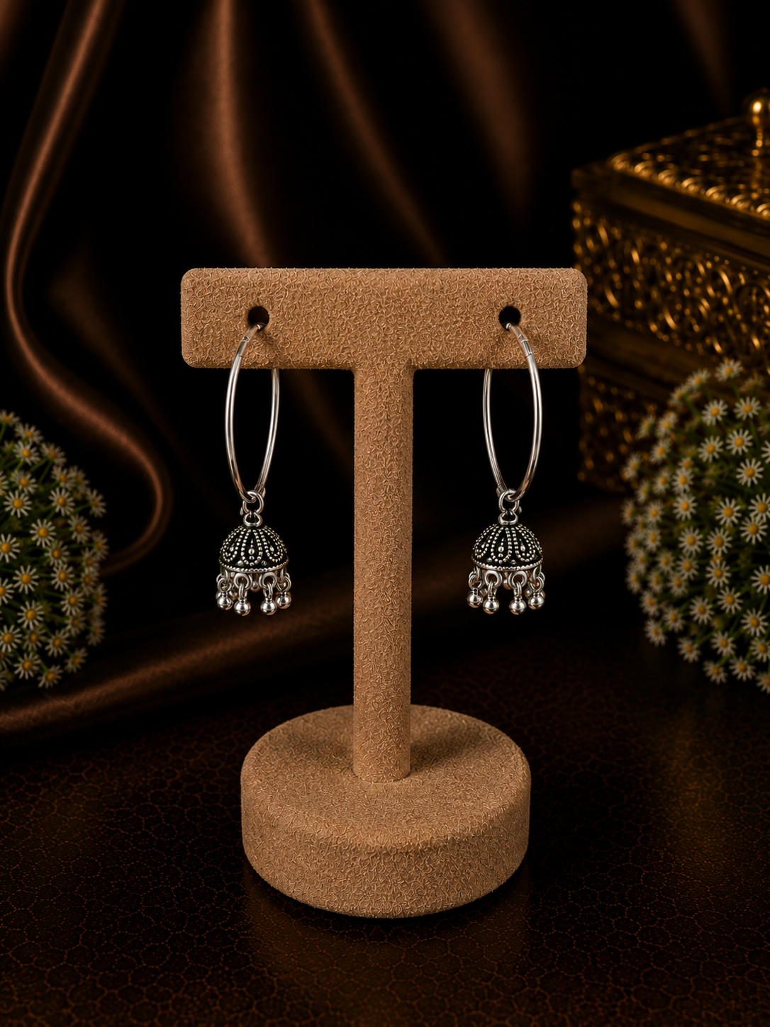3 cm thick plain silver balis with small carving work jhumkas in pure silver