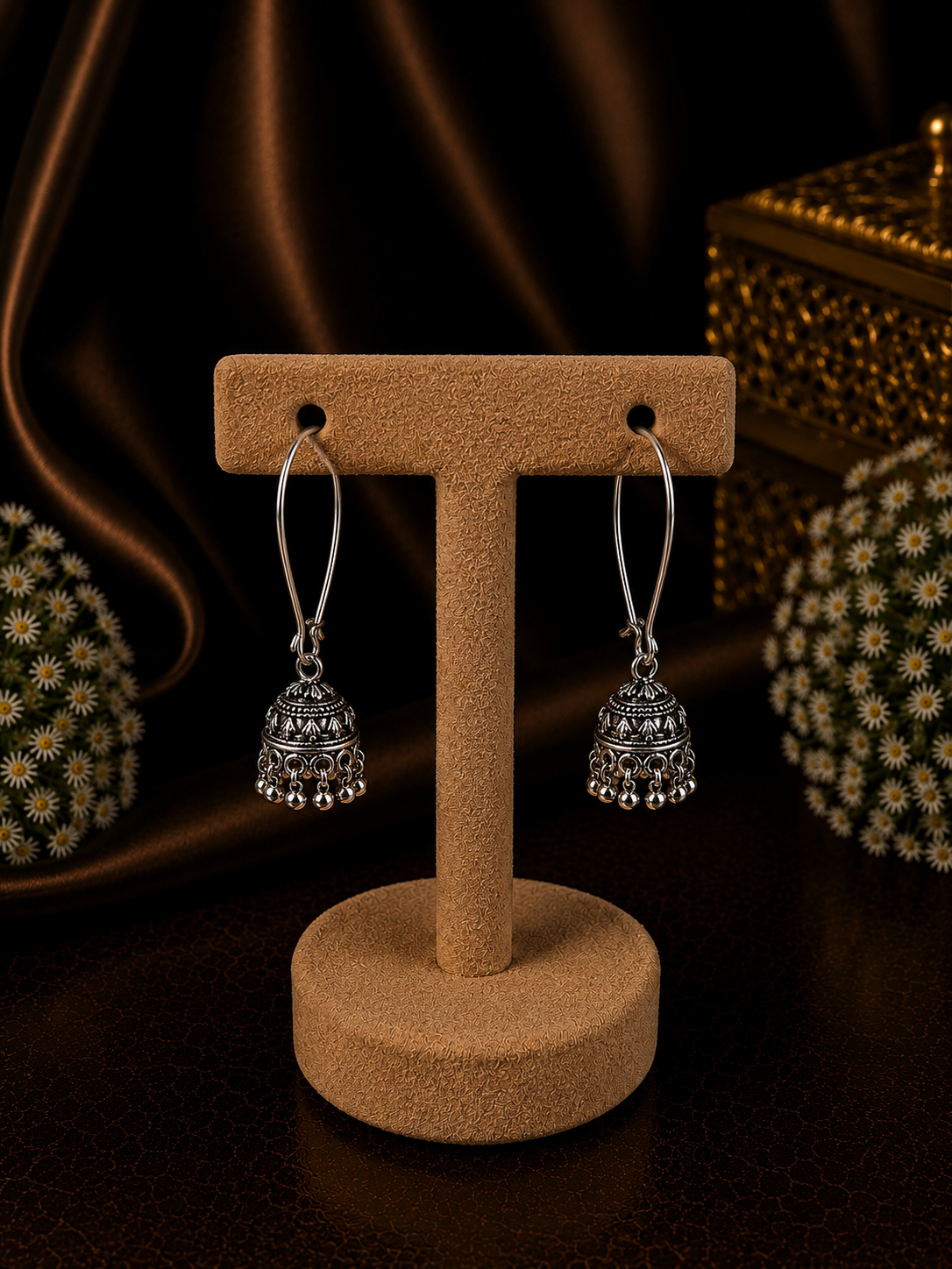 Antique finish lockable loop jhumkas in pure silver