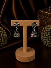 Antique finish round stud with jaali pattern jhumkas in pure silver