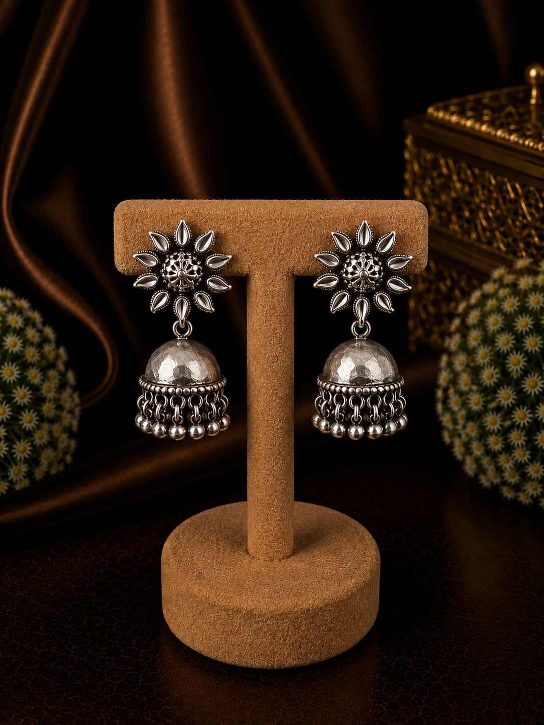 Antique finish flower studs with hammered jhumkas in pure silver