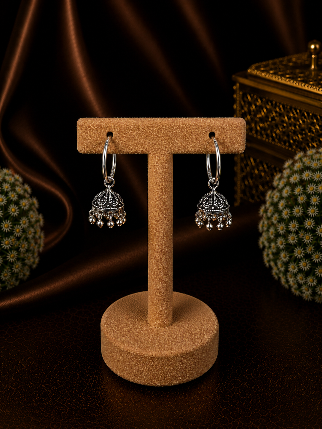 2 cm diameter thick plain balis with small antique finish carving work jhumkas in pure silver