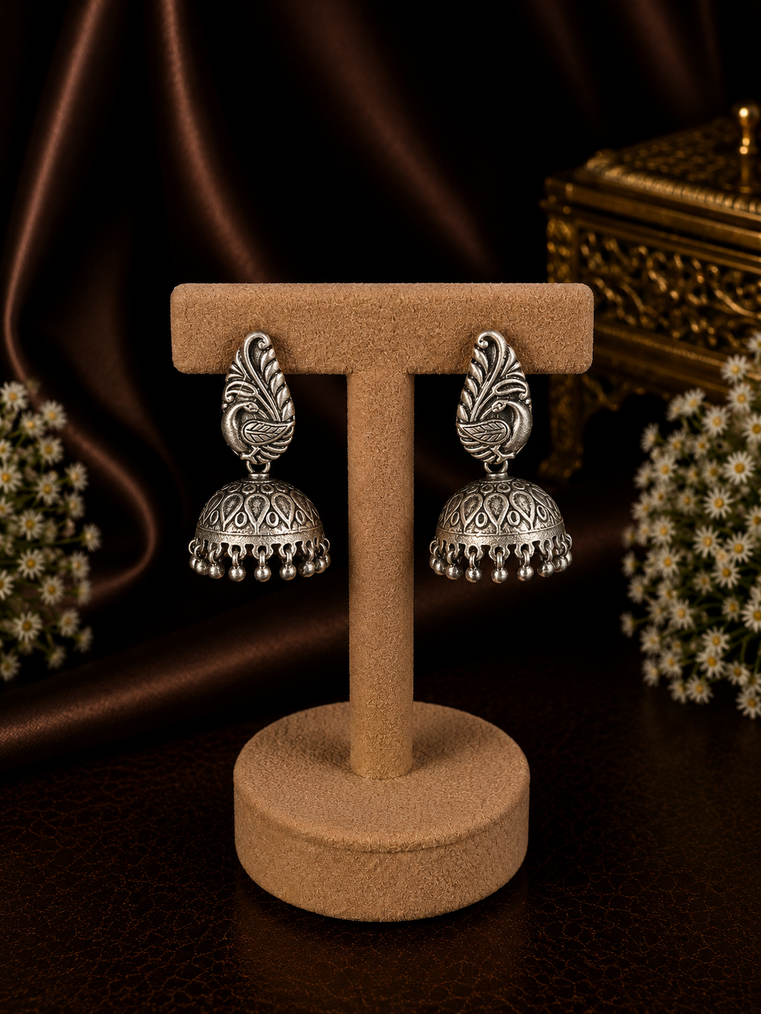 Antique finish paisley peacock studs with jhumkas in pure silver