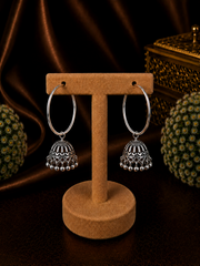 Antique finish jhumkas in 3 cm thick plain balis in pure silver