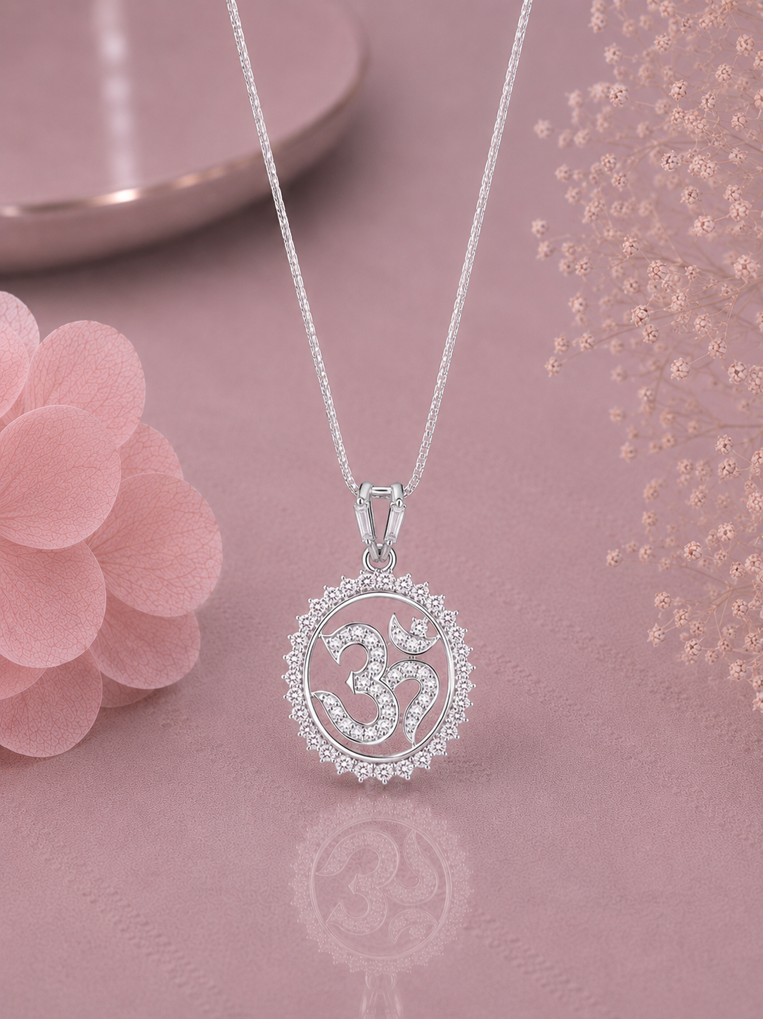 Om shape oval border pendant with multi cz stones and 18inch chain in pure silver