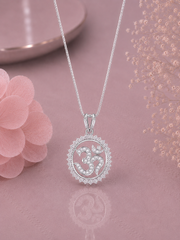 Om shape oval border pendant with multi cz stones and 18inch chain in pure silver