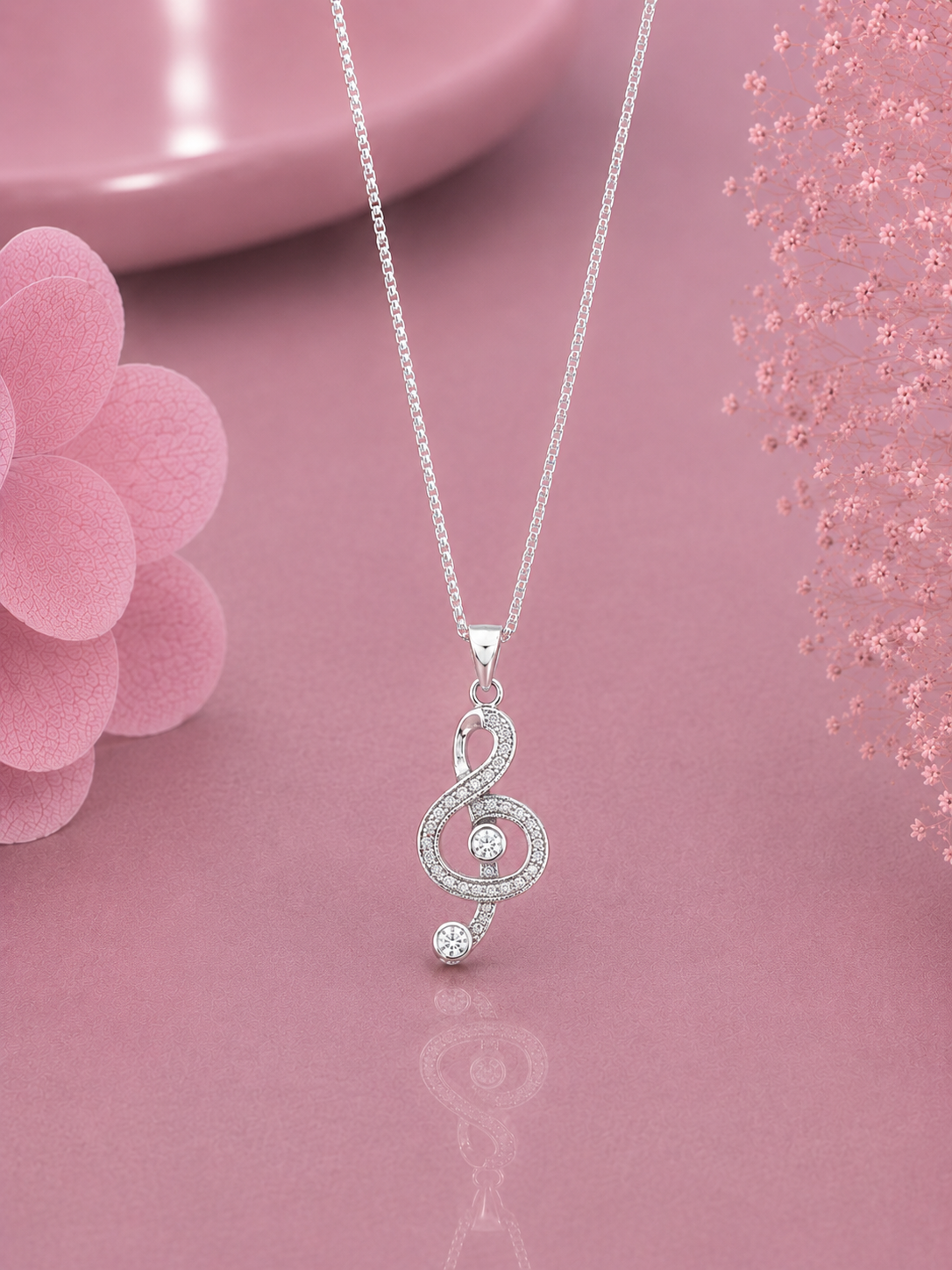 Musical note pattern multi cz stone pendant with an 18'' chain in pure silver