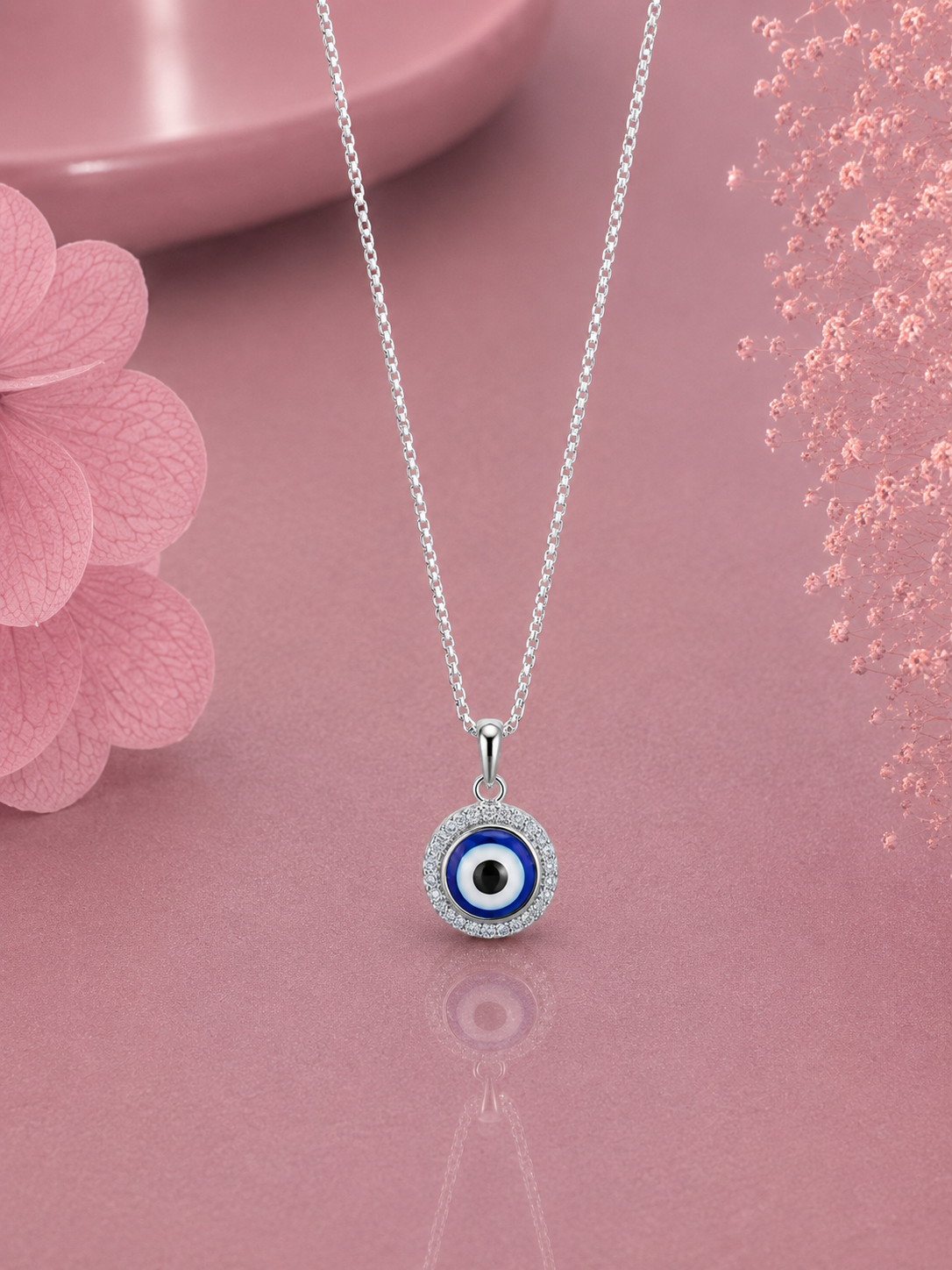 1.2 cm diameter multi cz stone studded blue evil eye pendant with an 18'' chain in pure silver