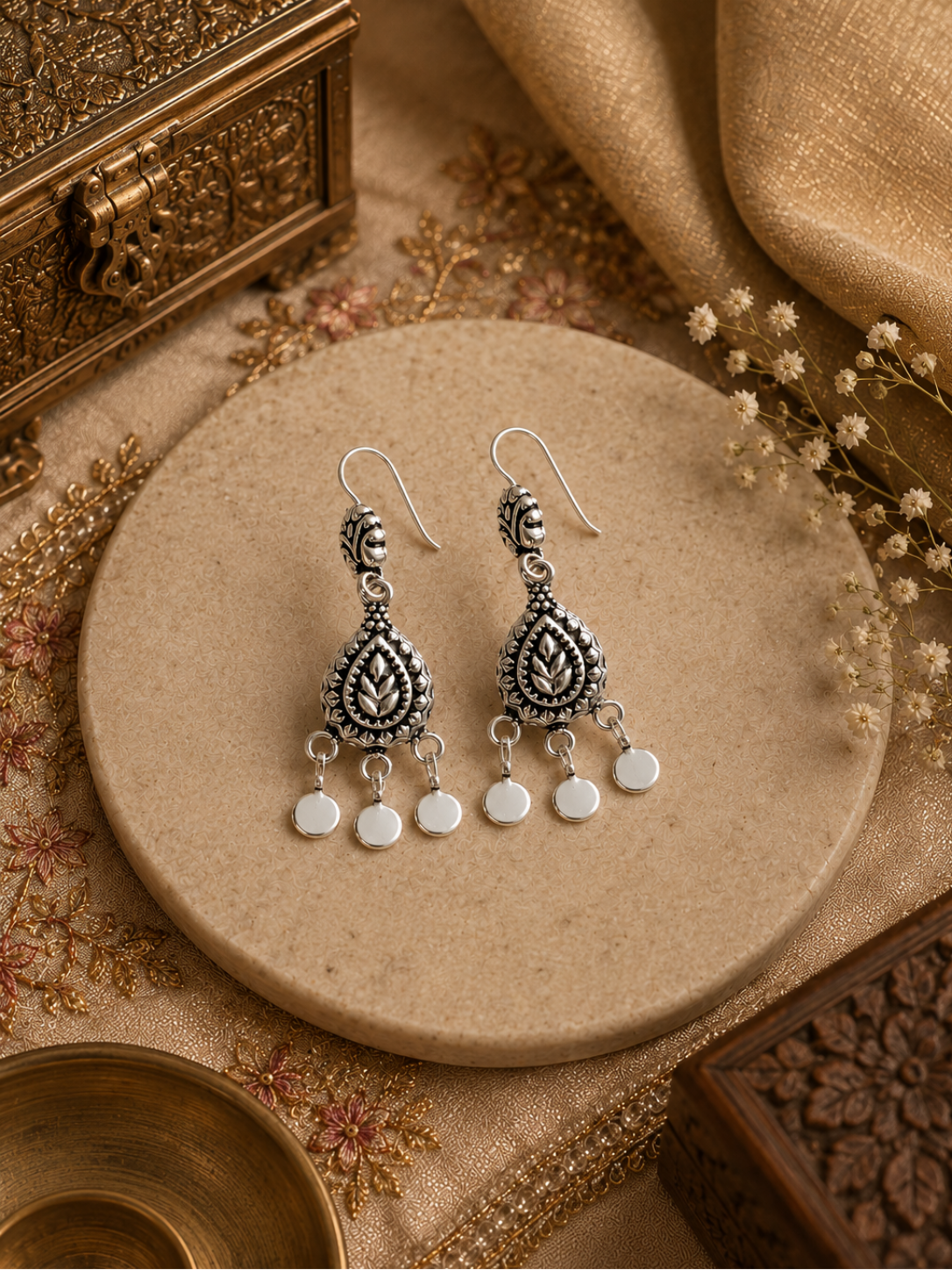 Carving work tear drop pattern hangings in pure silver