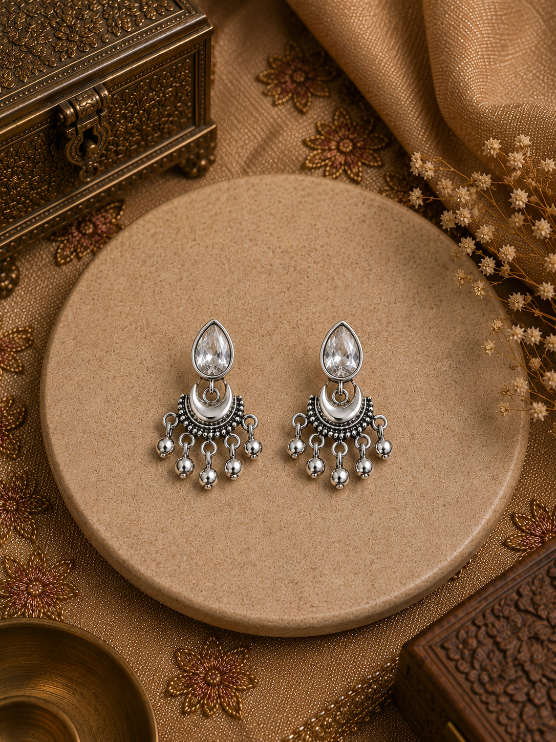 Pure silver cz stone chandbalis with silver beads