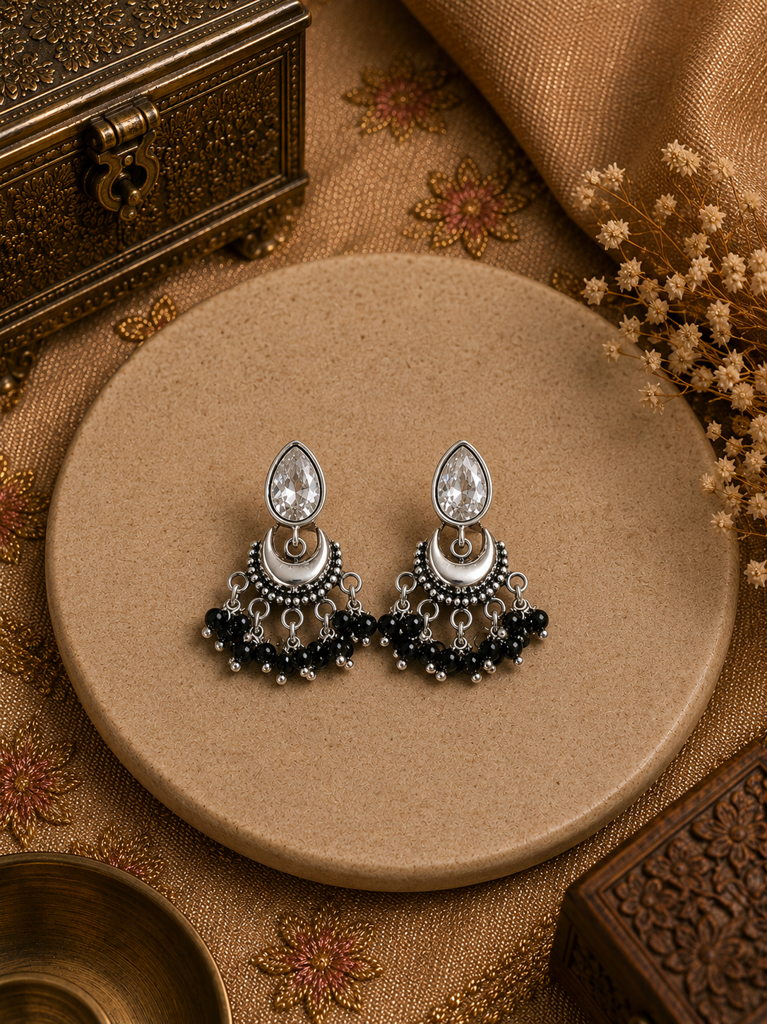 Pure silver cz stone chandbalis with black onyx beads