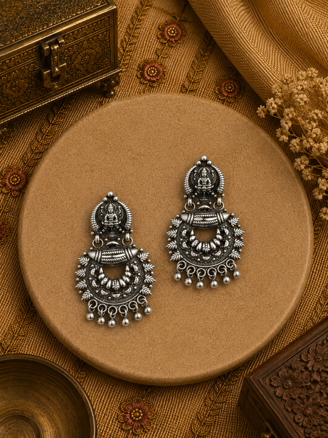 Devi pattern studs antique finish carving work earrings in pure silver