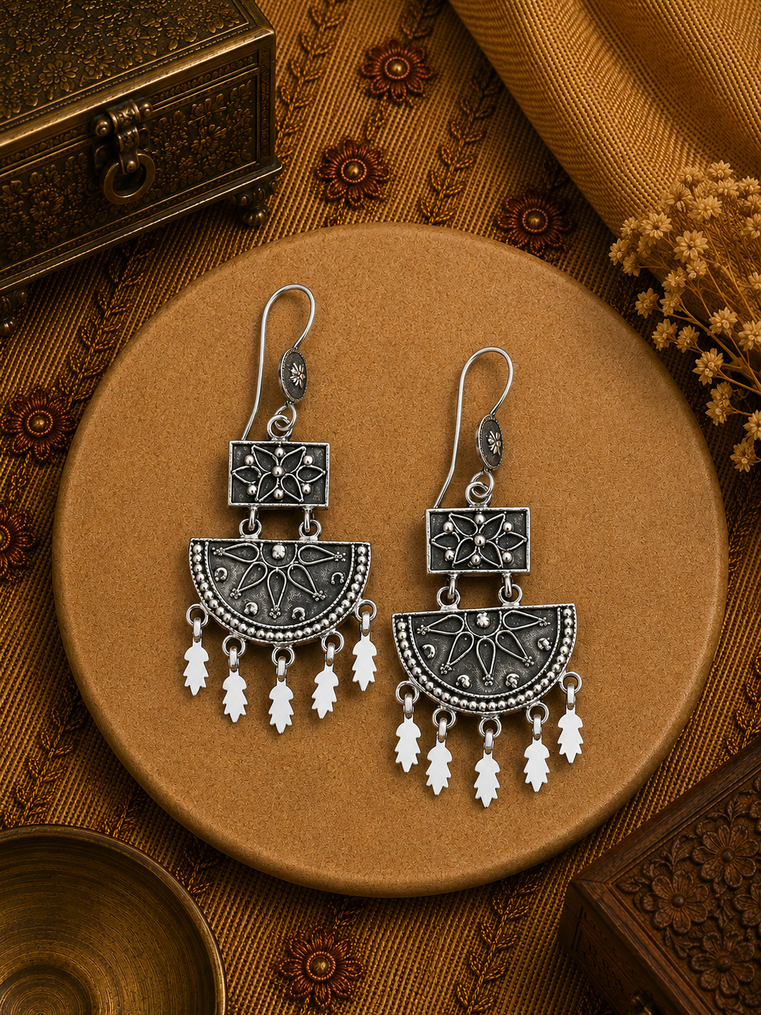 Gypsy style rava work earrings in pure silver
