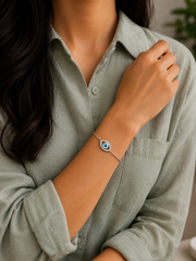 Evil eye and cz stone adjustable 7 inch long bracelet in pure silver