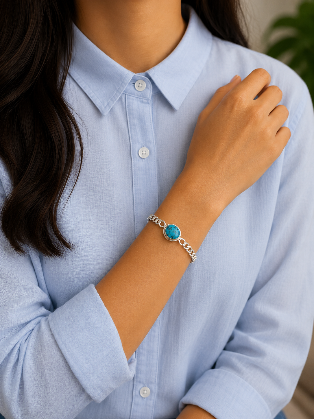 8'' long turquoise stone non adjustable bracelet in pure silver