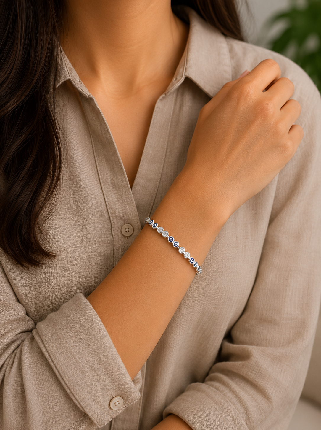 4mm cz and evil eye adjustable bracelet in pure silver
