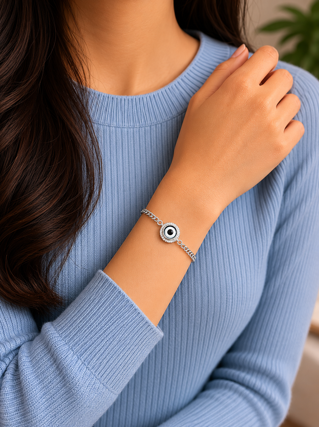 1.2 cm diameter multi cz stone studded evil eye 7'' long adjustable bracelet in pure silver
