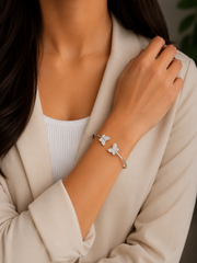 Twin butterfly cz studded open ended kada in pure silver